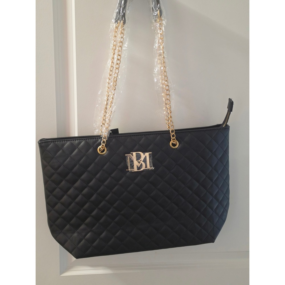 Badgley Mischka Black Quilted Vegan Leather Chain Strap Tote Bag BMH-108 NEW